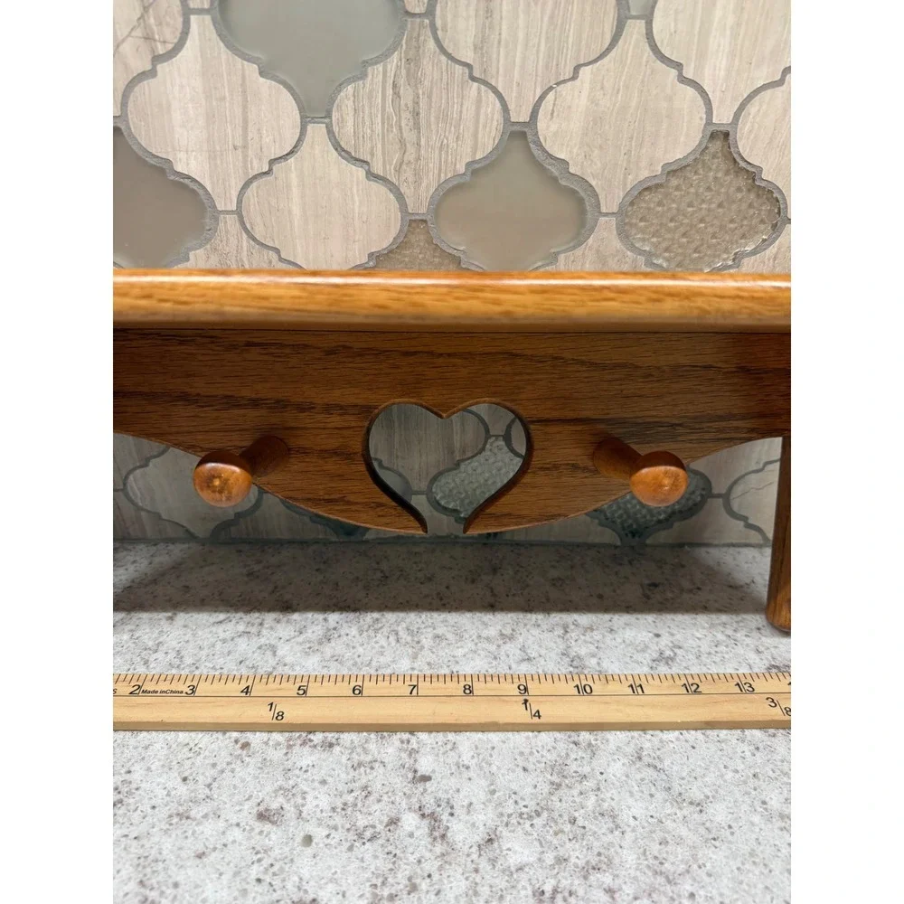 Vintage Oak Wood Wall Shelf Heart Cutout Floating Display Pegs Country Decor